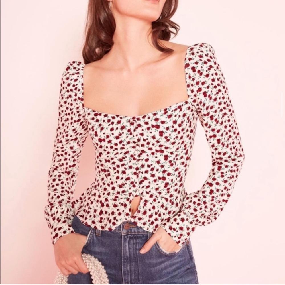 Reformation Mimi rose prints long sleeves, square neck top